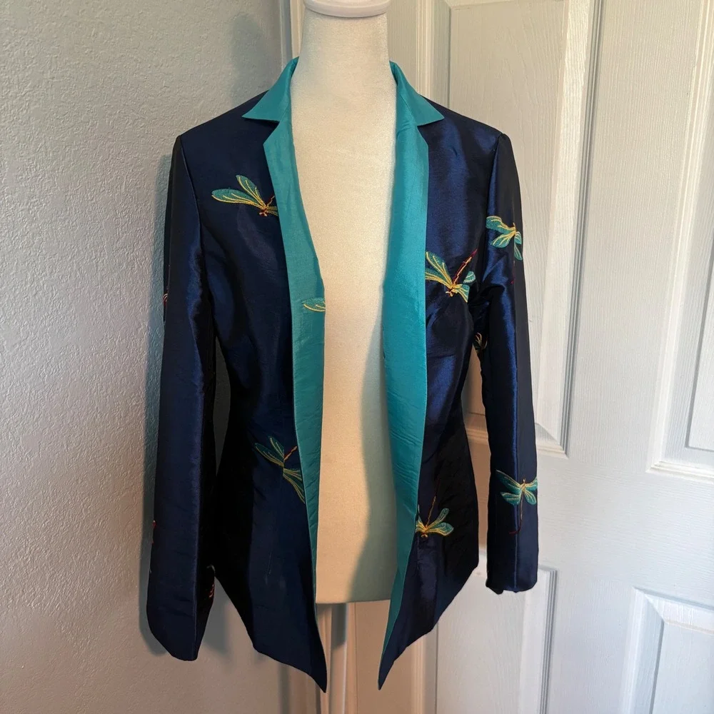 Gump's Y2K Women's Chic Artisan Embroidered Dragonfly Navy Turquoise Jacket 6